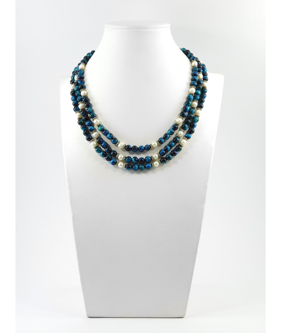 Exclusive necklace "Aurika" Cat's eye blue, Pearls, 3 rows