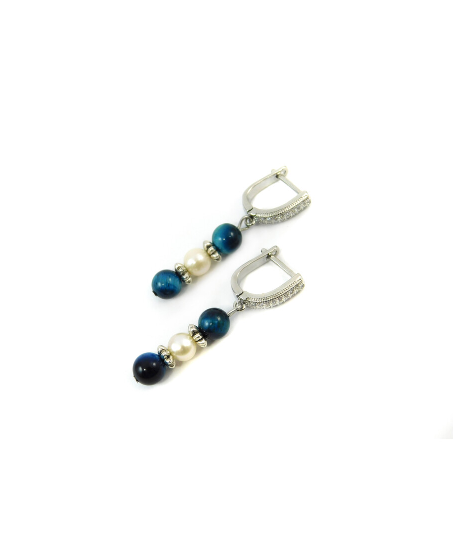 Exclusive earrings "Aurika" Cat's eye blue, Pearls