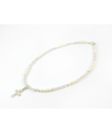 Exclusive necklace "Rosalie" Rose quartz facet, Pearls