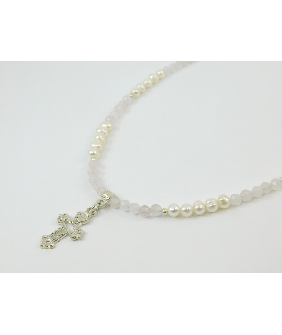 Exclusive necklace "Rosalie" Rose quartz facet, Pearls