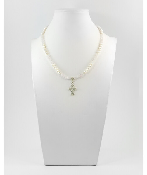 Exclusive necklace "Rosalie" Rose quartz facet, Pearls