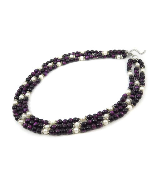 Exclusive necklace "Aurika" Cat's eye purple, Pearls, 3 rows