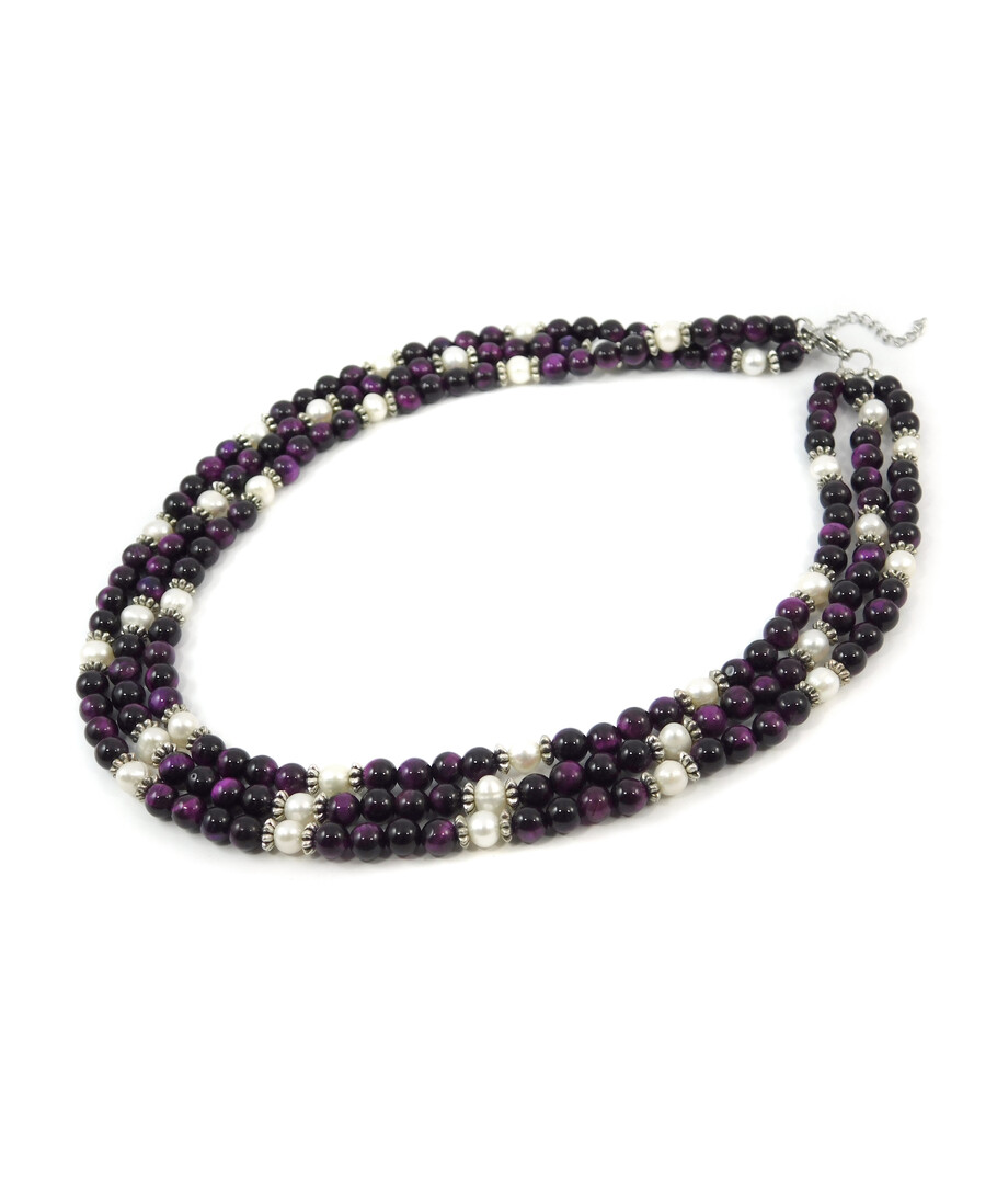 Exclusive necklace "Aurika" Cat's eye purple, Pearls, 3 rows