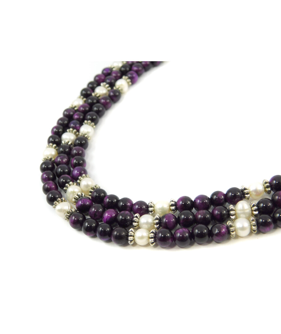 Exclusive necklace "Aurika" Cat's eye purple, Pearls, 3 rows