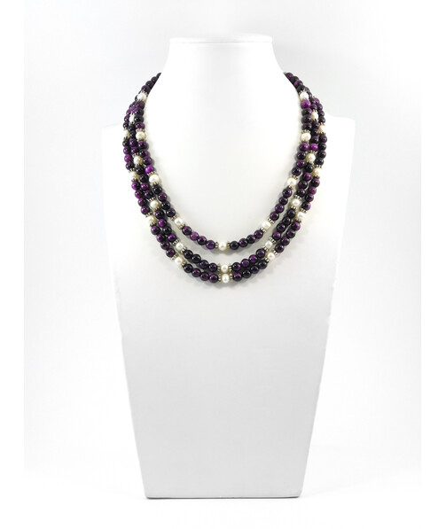 Exclusive necklace "Aurika" Cat's eye purple, Pearls, 3 rows