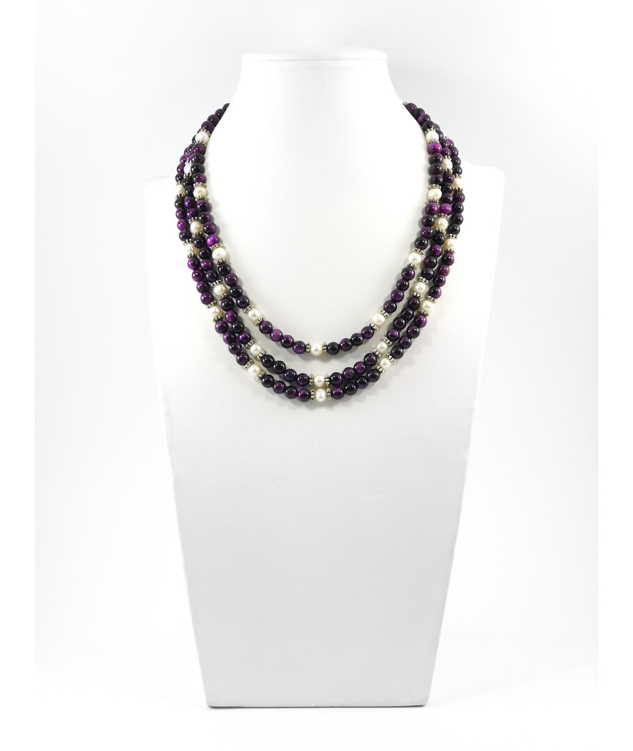 Exclusive necklace "Aurika" Cat's eye purple, Pearls, 3 rows