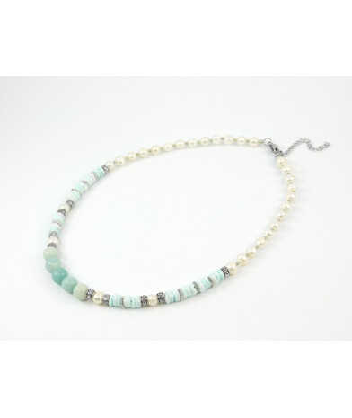 Exclusive necklace "Malvida" Amazonite, Pearls, Mushli rondel