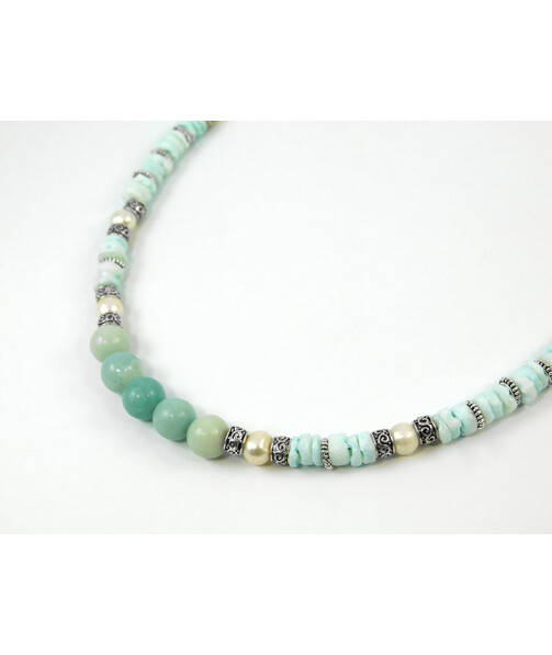 Exclusive necklace "Malvida" Amazonite, Pearls, Mushli rondel