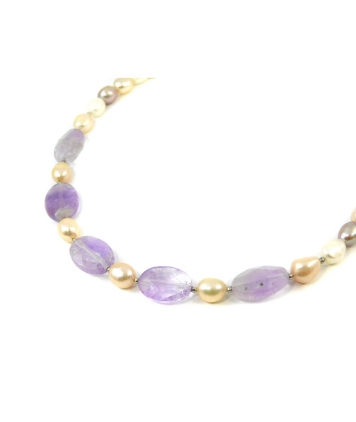 Exclusive necklace "Felicita" Amethyst faceted oval, Pearls