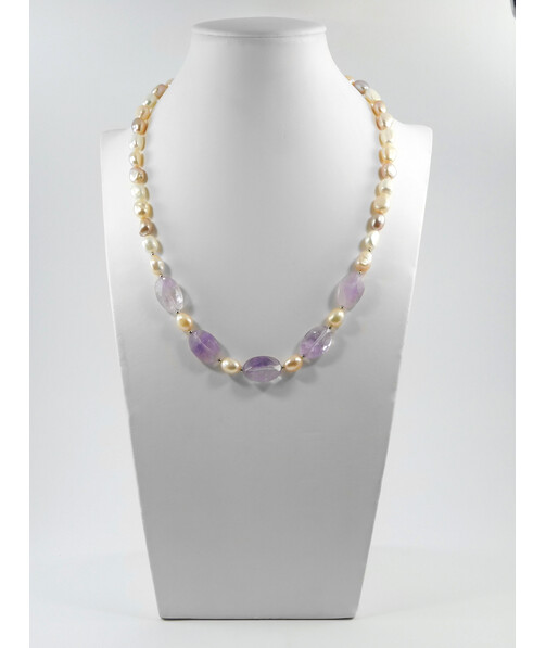 Exclusive necklace "Felicita" Amethyst faceted oval, Pearls