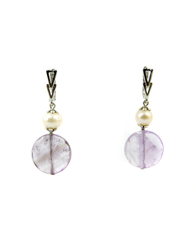 Exclusive earrings "Amethyst pearl" Amethyst faceted coin, Pearls