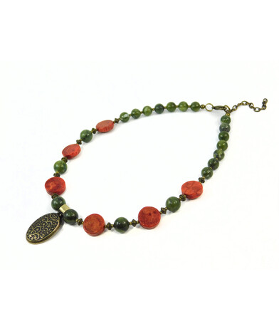 Exclusive necklace "Khatyje" Jadeite, Coral spongy coin