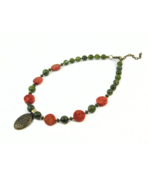 Exclusive necklace "Khatyje" Jadeite, Coral spongy coin