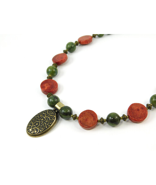 Exclusive necklace "Khatyje" Jadeite, Coral spongy coin