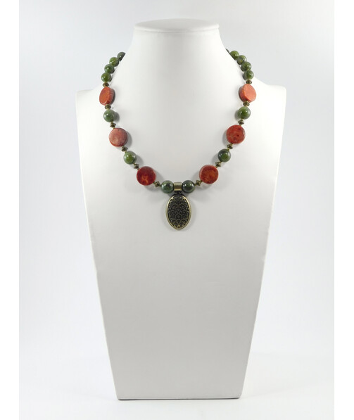 Exclusive necklace "Khatyje" Jadeite, Coral spongy coin