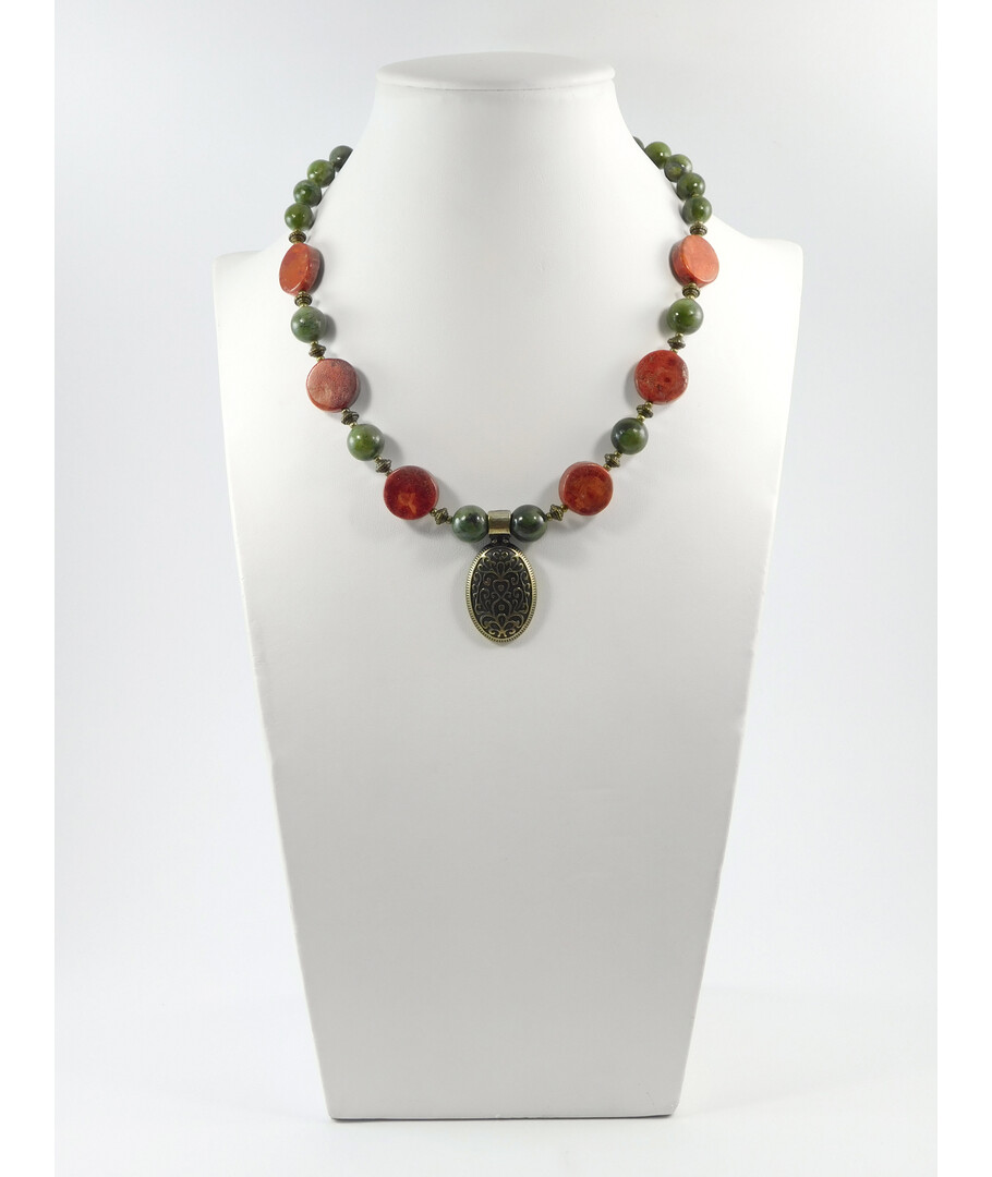 Exclusive necklace "Khatyje" Jadeite, Coral spongy coin