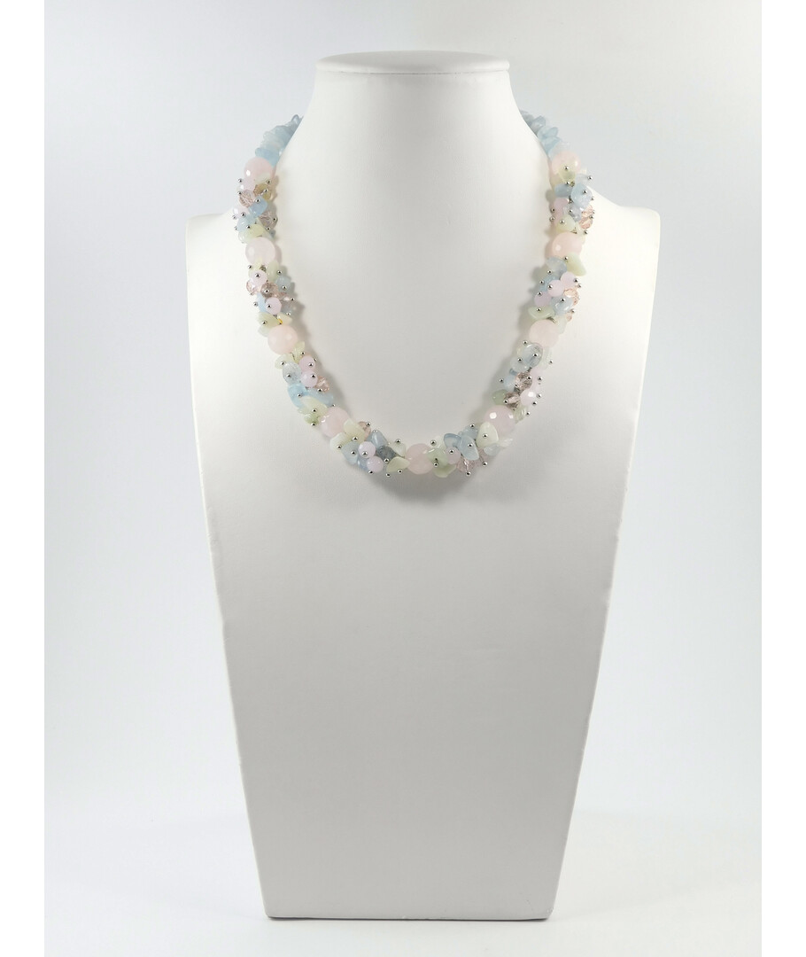 Exclusive necklace "Lola" Rose quartz facet, Aquamarine, Onyx crumb