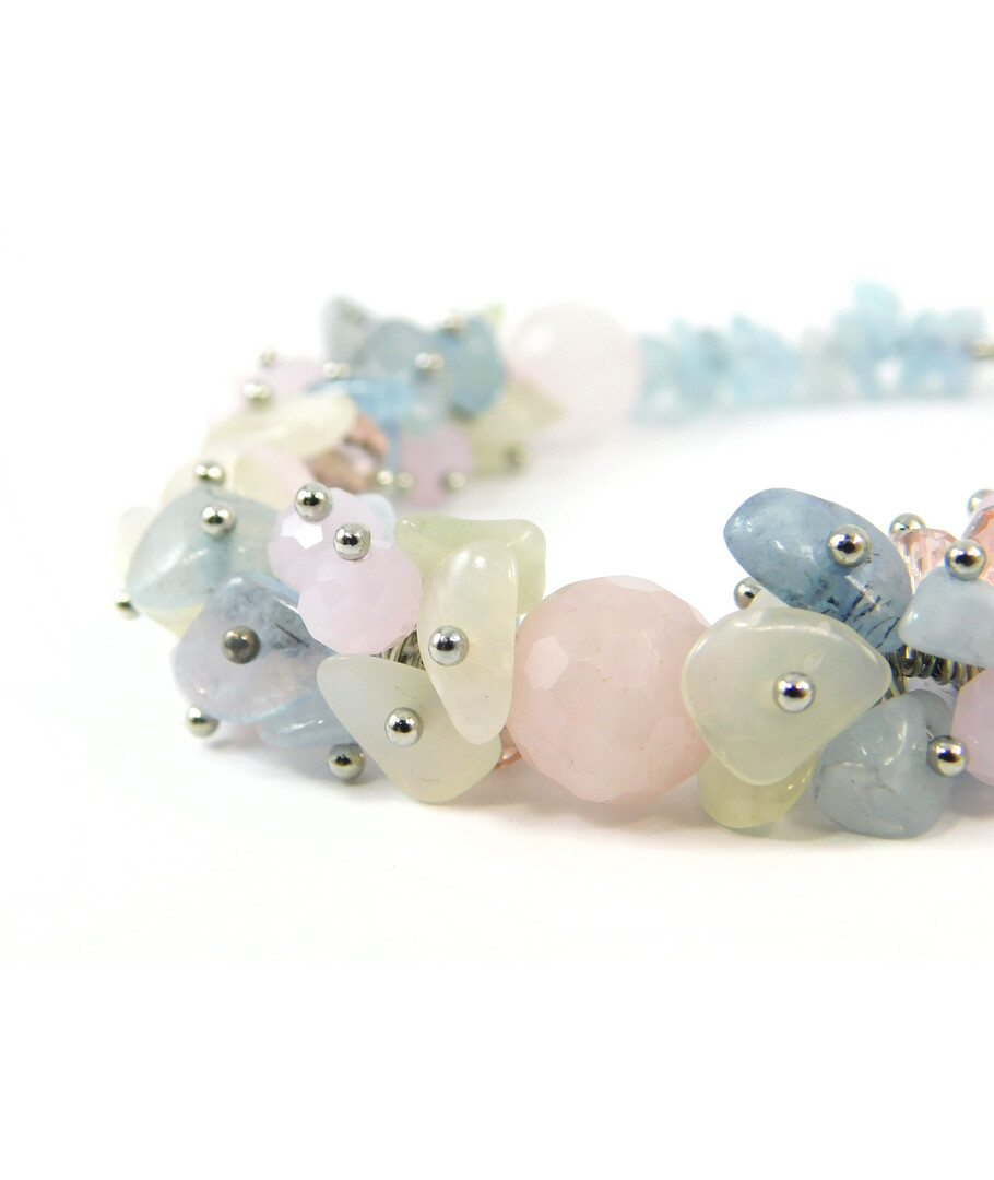 Exclusive bracelet "Lola" Rose quartz face, Aquamarine, Onyx crumb