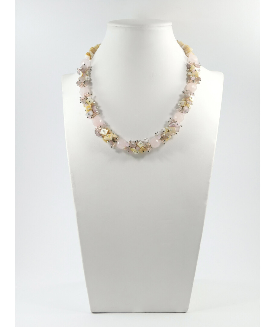 Exclusive necklace "Lola" Rose quartz face, Mother of pearl, Cat's eye crumb