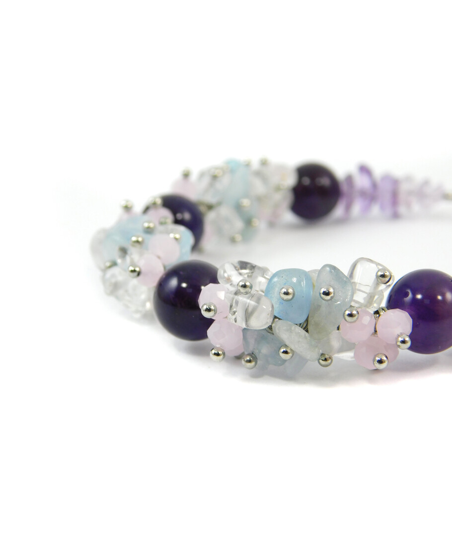 Exclusive bracelet "Lola" Amethyst, Aquamarine, Rock crystal crumb