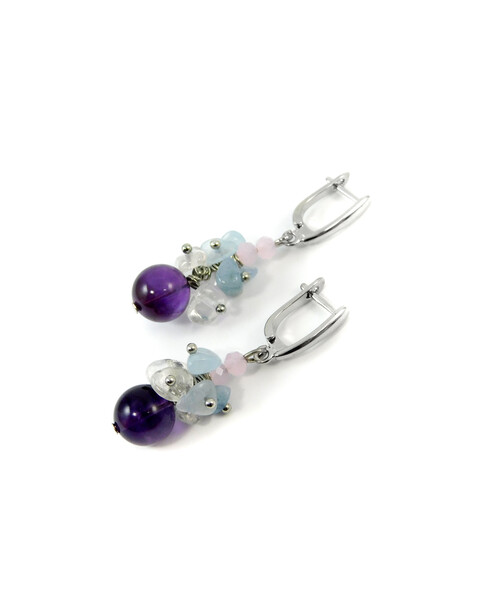 Exclusive earrings "Lola" Amethyst, Aquamarine, Rock crystal crumb