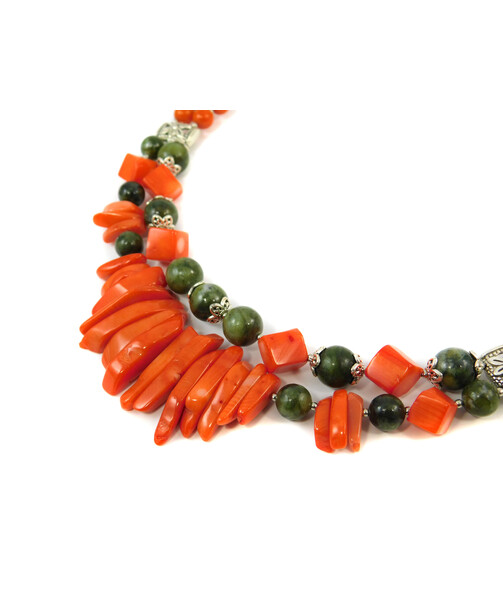 Exclusive necklace "Prima Donna" Jadeite, Coral, cube, sticks, 2 rows