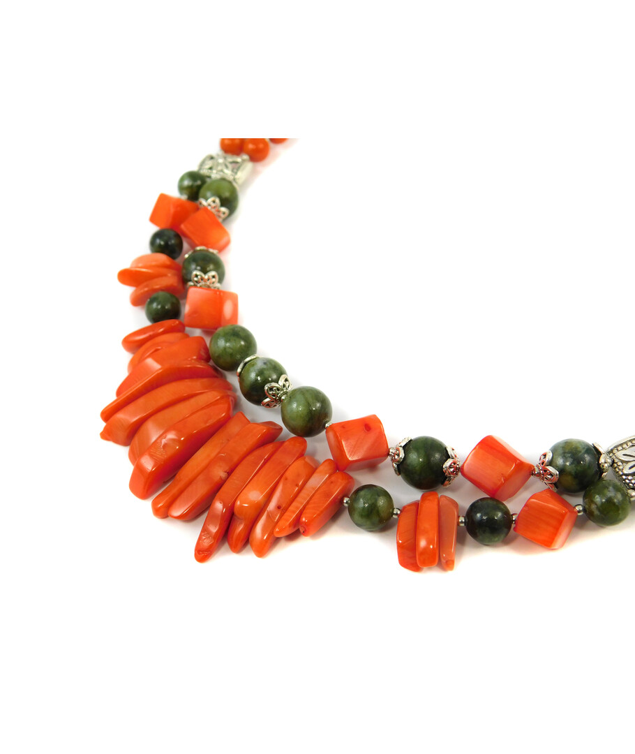 Exclusive necklace "Prima Donna" Jadeite, Coral, cube, sticks, 2 rows