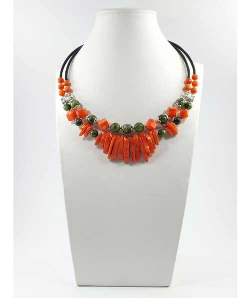 Exclusive necklace "Prima Donna" Jadeite, Coral, cube, sticks, 2 rows