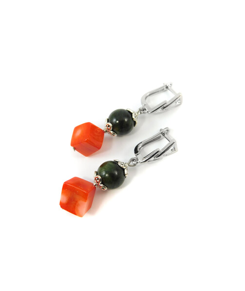 Exclusive earrings "Prima donna" Jadeite, Coral cube