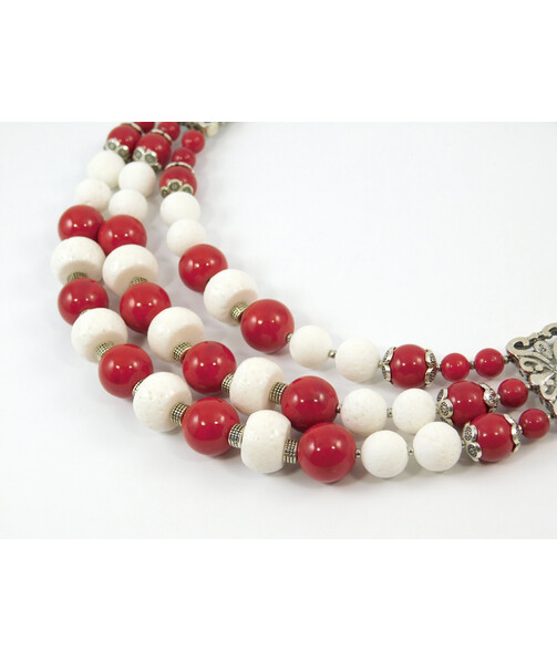 Exclusive necklace "Prima Donna" Coral press, Sponge, rondel, 3 rows