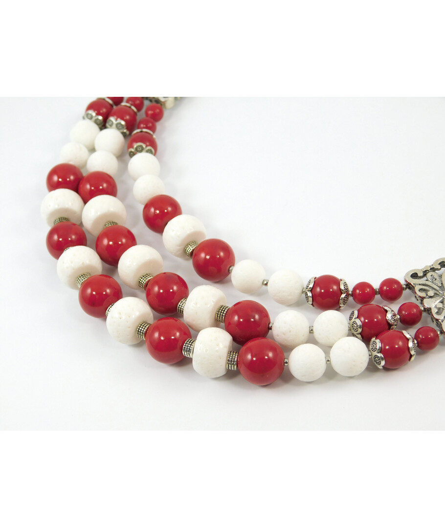 Exclusive necklace "Prima Donna" Coral press, Sponge, rondel, 3 rows