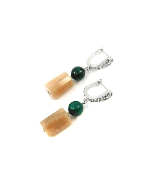 Exclusive earrings "Malachite Garden" Malachite, Sunstone barrel