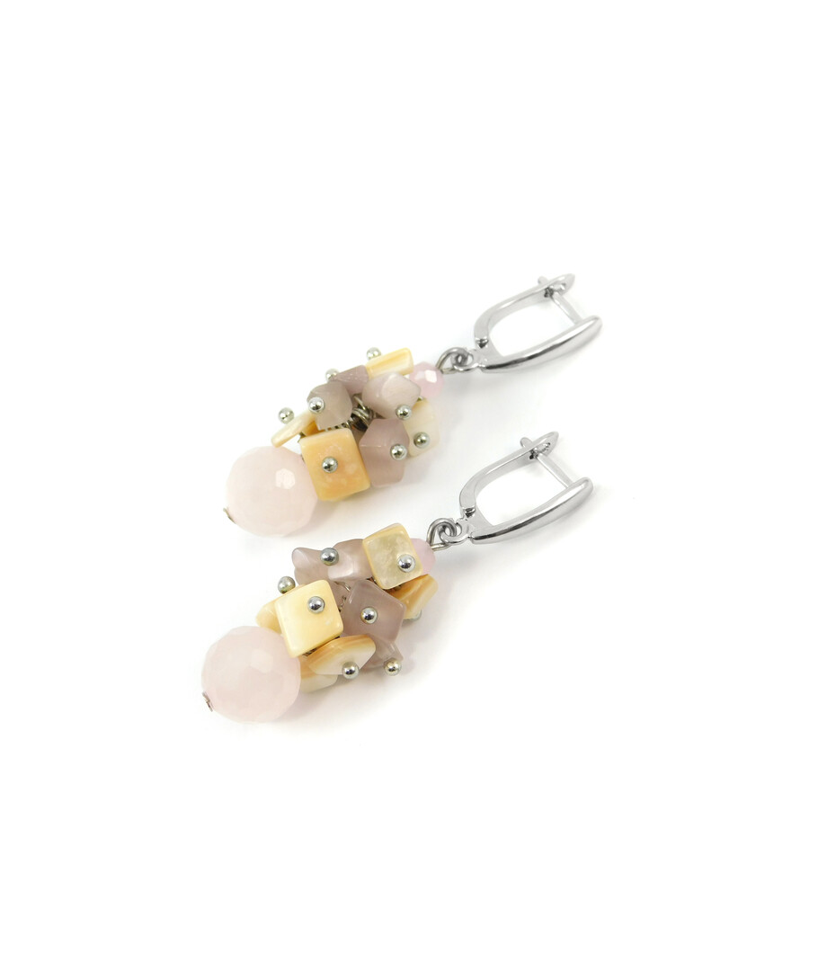 Exclusive earrings "Lola" Rose quartz facet, Mother of pearl, Cat's eye crumb