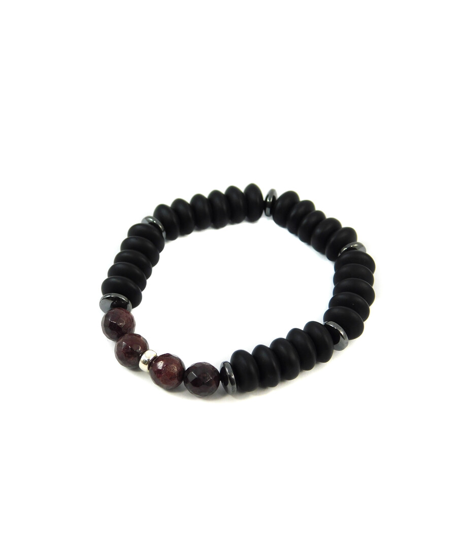 Bracelet Garnet facet, Shungite, Hematite rondel, silver