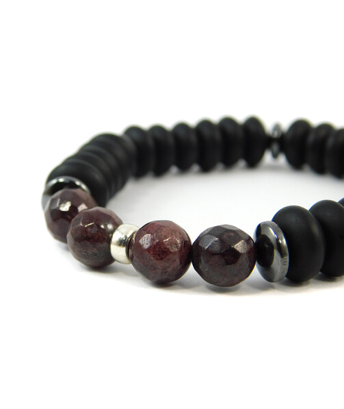 Bracelet Garnet facet, Shungite, Hematite rondel, silver