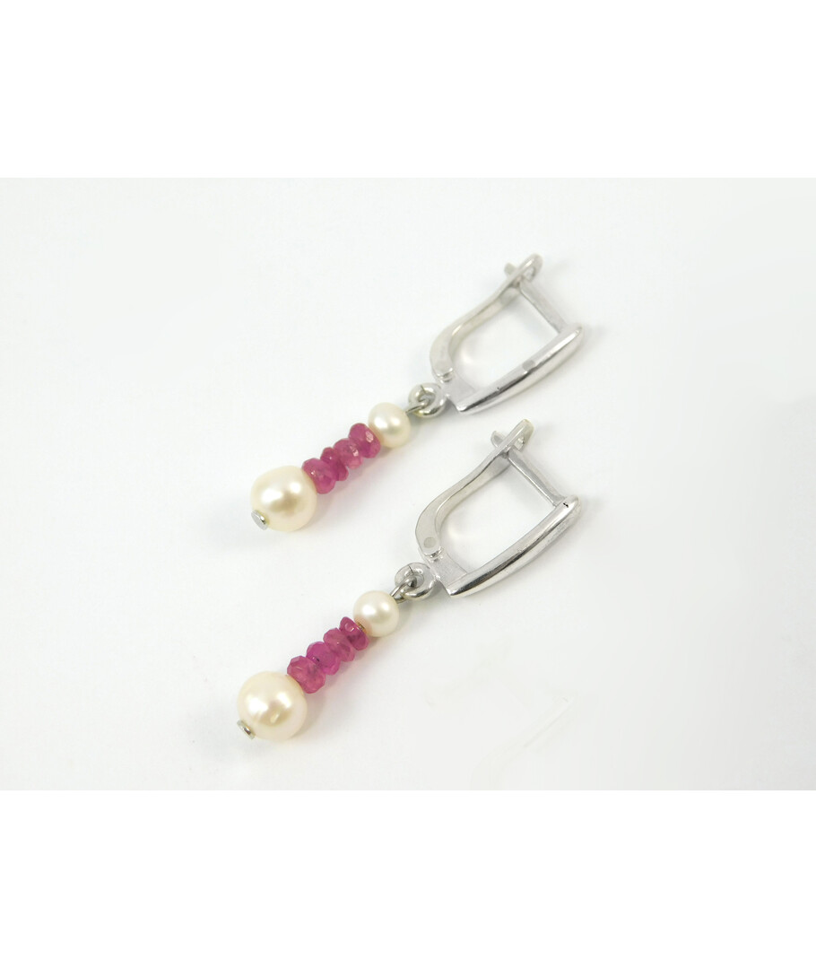 Exclusive earrings "Penelope" Ruby rondel, Pearls, silver