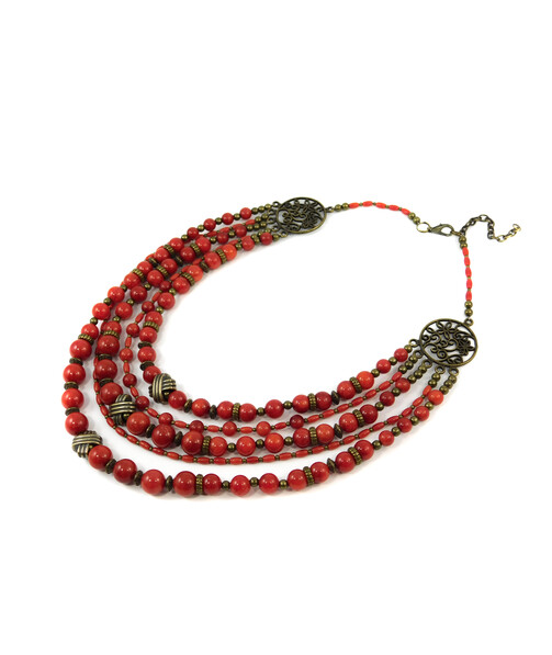 Exclusive necklace "Volodymyr" Coral, rice, 5 rows