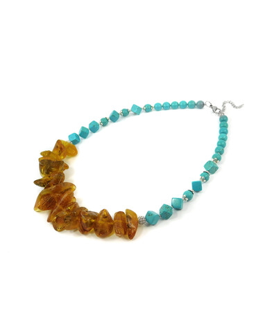 Exclusive necklace "Celis" Amber crumb, Turquoise, cube