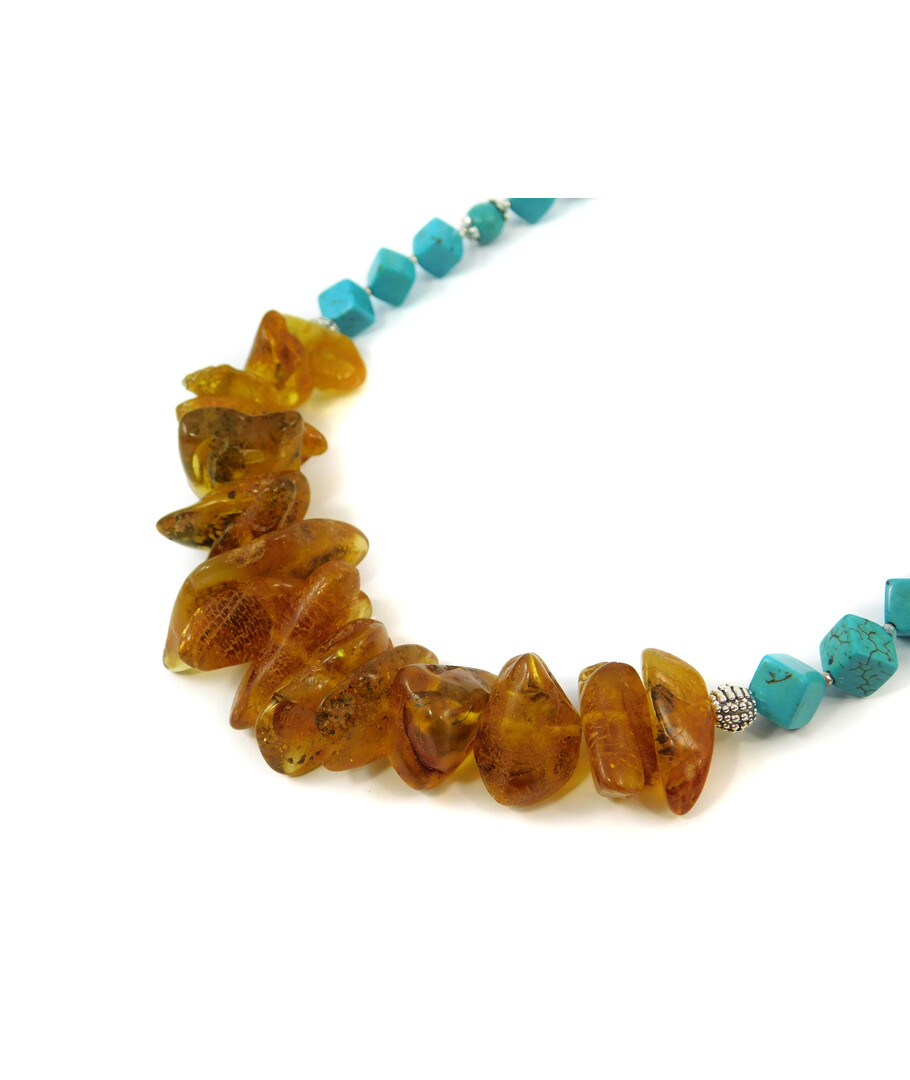 Exclusive necklace "Celis" Amber crumb, Turquoise, cube