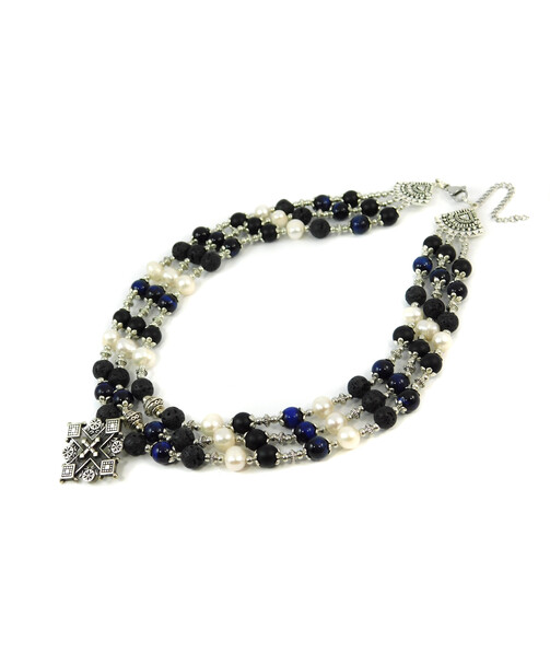 Exclusive necklace "Hutsul motifs" Lava, Shungite, Tiger's eye, Pearls, 3 rows