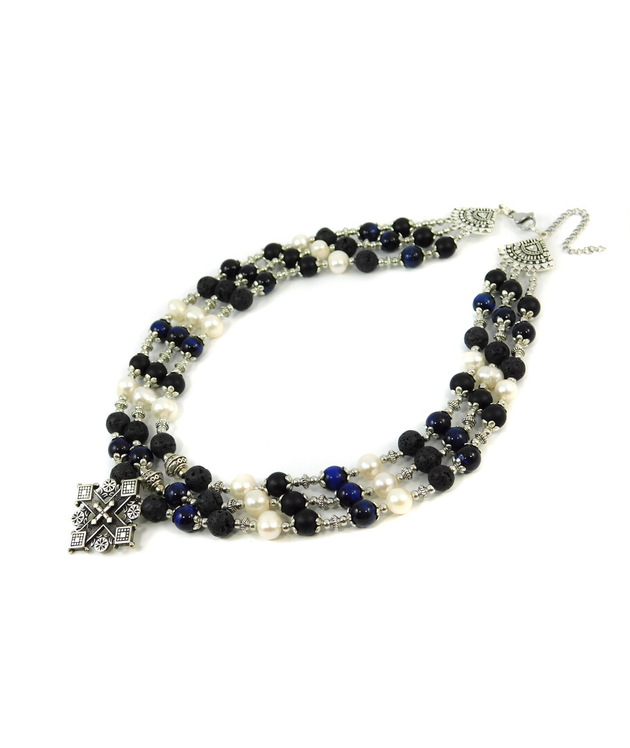 Exclusive necklace "Hutsul motifs" Lava, Shungite, Tiger's eye, Pearls, 3 rows