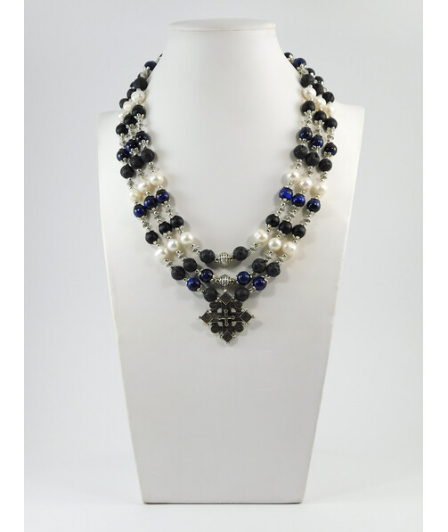 Exclusive necklace "Hutsul motifs" Lava, Shungite, Tiger's eye, Pearls, 3 rows