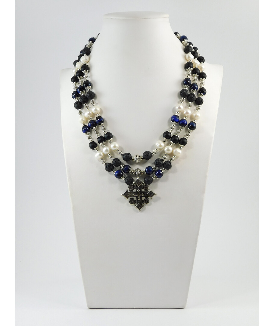 Exclusive necklace "Hutsul motifs" Lava, Shungite, Tiger's eye, Pearls, 3 rows