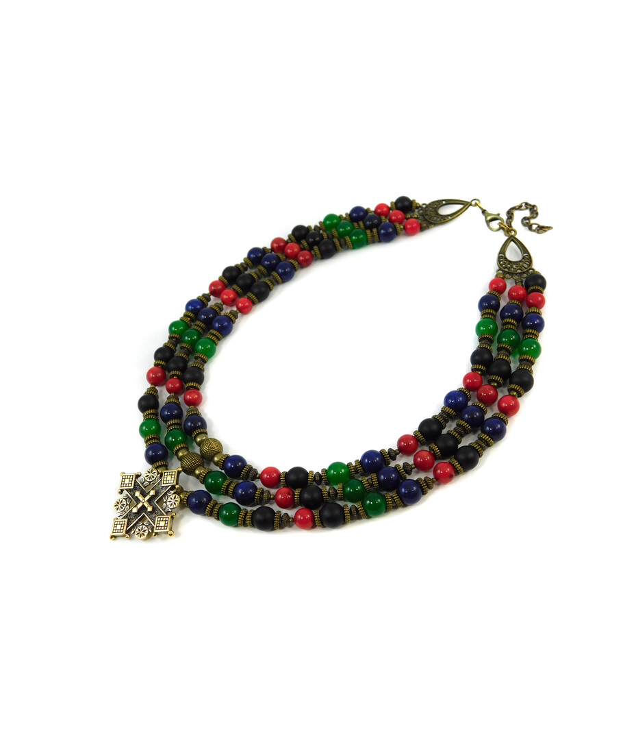 Exclusive necklace "Hutsul motifs" Shungite, Chrysoprase, Lapis lazuli, Coral, 3 rows