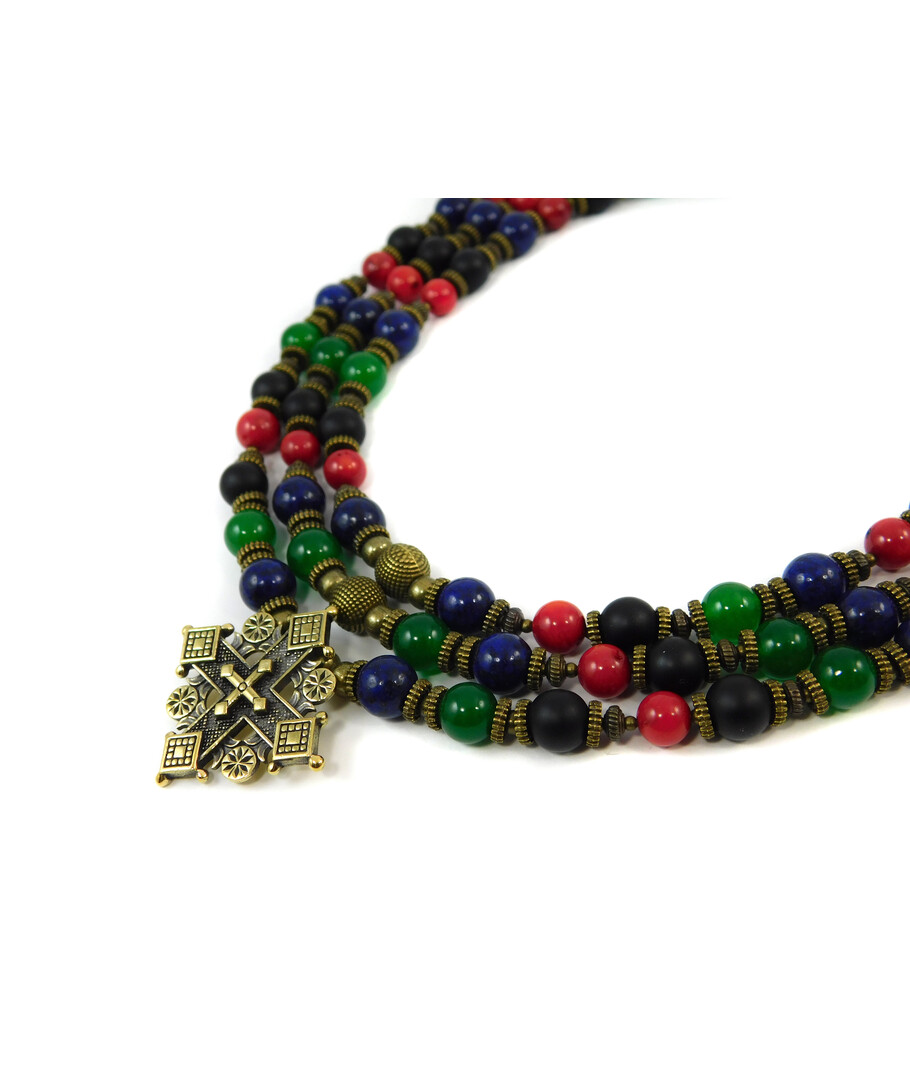 Exclusive necklace "Hutsul motifs" Shungite, Chrysoprase, Lapis lazuli, Coral, 3 rows