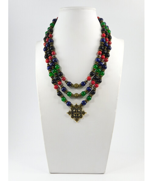 Exclusive necklace "Hutsul motifs" Shungite, Chrysoprase, Lapis lazuli, Coral, 3 rows