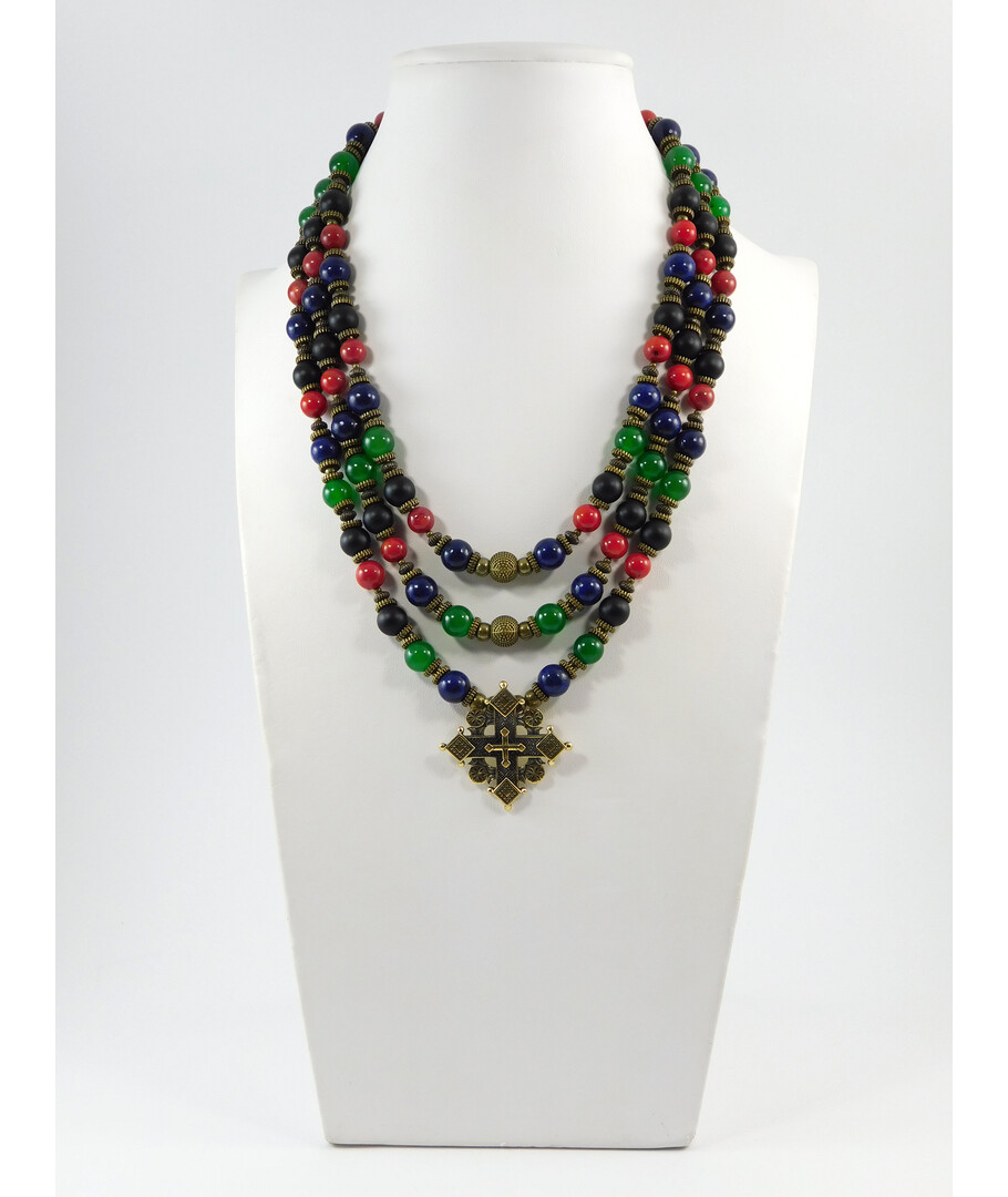 Exclusive necklace "Hutsul motifs" Shungite, Chrysoprase, Lapis lazuli, Coral, 3 rows