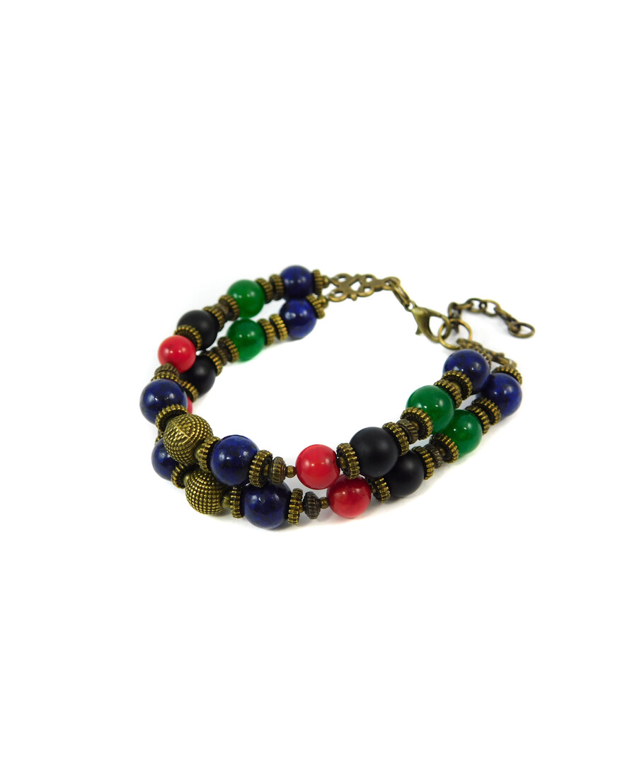 Exclusive bracelet "Hutsul motifs" Shungite, chrysoprase, lapis lazuli, coral, 2 rows