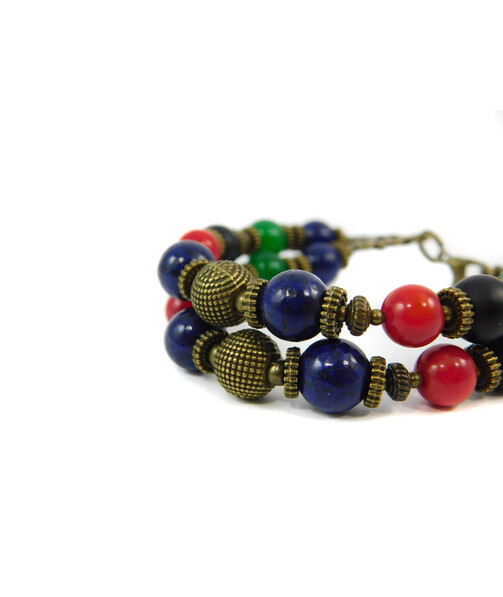 Exclusive bracelet "Hutsul motifs" Shungite, chrysoprase, lapis lazuli, coral, 2 rows