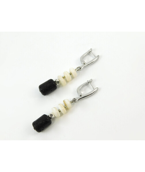 Exclusive earrings "Evelina" Lava barrel, Mother of pearl rondel